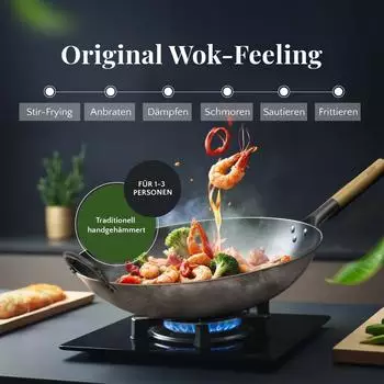 Pasoli Wok "Original" flach 30cm, Carbonstahl, Holzgriff (X7-ITOH-EUPA)