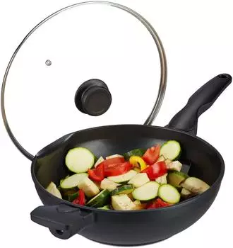 Relaxdays Wok mit Deckel 30 cm Aluguss antihaftbeschichtet induktionsgeeignet