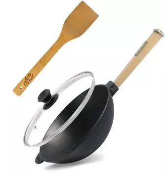 Brizoll Wok Bratpfanne Ø26cm, 2,8L, Gusseisen, Holzgriff, Glasdeckel, Induktion