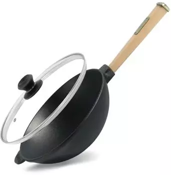 Brizoll Wok-Bratpfanne Ø24cm, 2,2L, Gusseisen, Holzgriff & Glasdeckel (W24H)