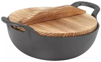 LuxusKollektion Gusseisen-Wok 25cm flacher Boden mit Holzdeckel, f&uuml;r alle Herdarten