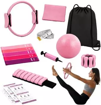 Relaxdays Pilates-Set 13-teilig mit Ring, Ballon, Bändern, Gewichtsmanschetten und Tasche, pink