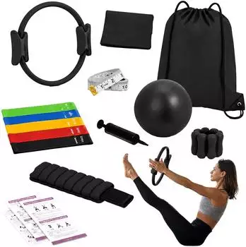 Relaxdays Pilates-Set 13-teilig: Ring, Ball, B&auml;nder, Gewichtsmanschetten, Tasche