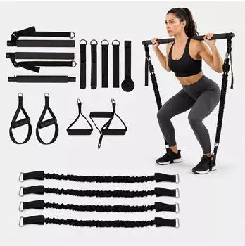 Relaxdays Pilates Bar Kit mit Widerstandsb&auml;ndern, schwarz