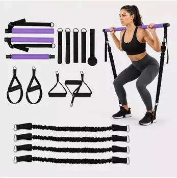 Relaxdays Pilates Bar Kit mit Widerstandsb&auml;ndern, lila/schwarz