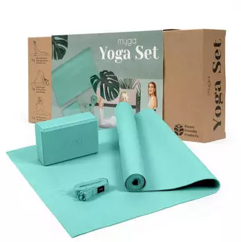Myga Yoga-Set mit Matte, Block und Gurt, türkis (RY889)