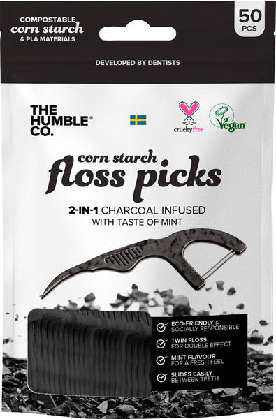 Humble Corn Starch Floss Picks 2-in-1 Charcoal Infused (50 Stk.)
