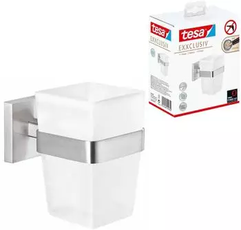 tesa EXXCLUSIV Zahnputzbecher, Milchglas, verchromte Wandhalterung, selbstklebend (40424-00000-00)