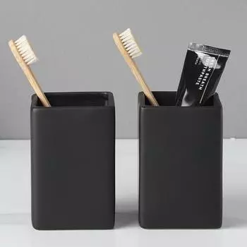 LuxusKollektion Zahnputzbecher-Set, Keramik, quadratisch, schwarz, 2-teilig