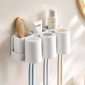 LuxusKollektion Zahnbürstenhalter zur Wandmontage, 3 Becher, 3 Fächer, Kunststoff, weiß