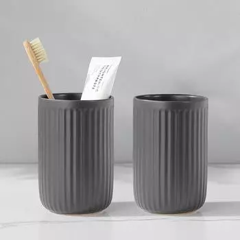 LuxusKollektion Zahnputzbecher Keramik, grau gestreift, 2er-Set