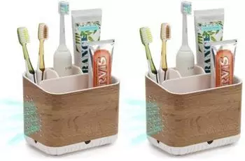 LuxusKollektion Zahnbürstenhalter für elektrische Zahnbürsten, 4 Schlitze, braune Holzoptik, 2er-Set