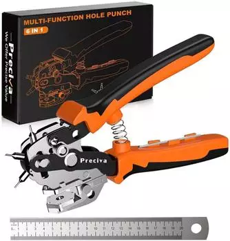 Preciva Drehlochzange für Leder mit Hebelübersetzung, 6 Lochgrößen (2-4,5mm), orange V-Form