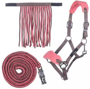 HKM Halfter Set mit Panikhaken & Fliegenfransen, mokka/milky pink, Pony