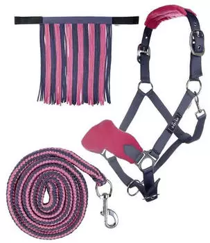 HKM Halfter Set mit Karabiner & Fliegenfransen, grau/pink, Warmblut