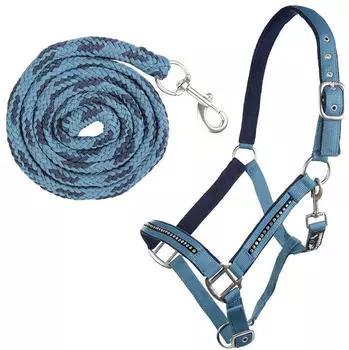 HKM Crystal Halfter-Set mit Karabiner, weich unterlegt, petrol/navy, Pony