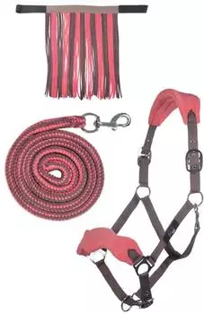HKM Halfter Set mit Karabiner & Fliegenfransen, mokka/milky pink, Warmblut