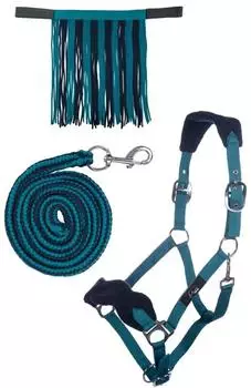 HKM Halfter Set mit Karabiner & Fliegenfransen, petrol/navy, Pony